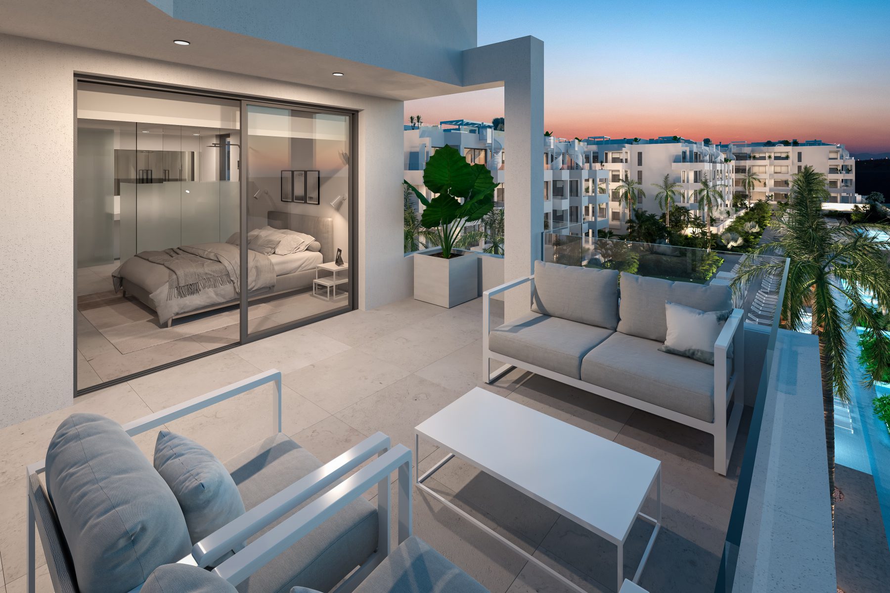 Render 3D terraza noche en Tenerife