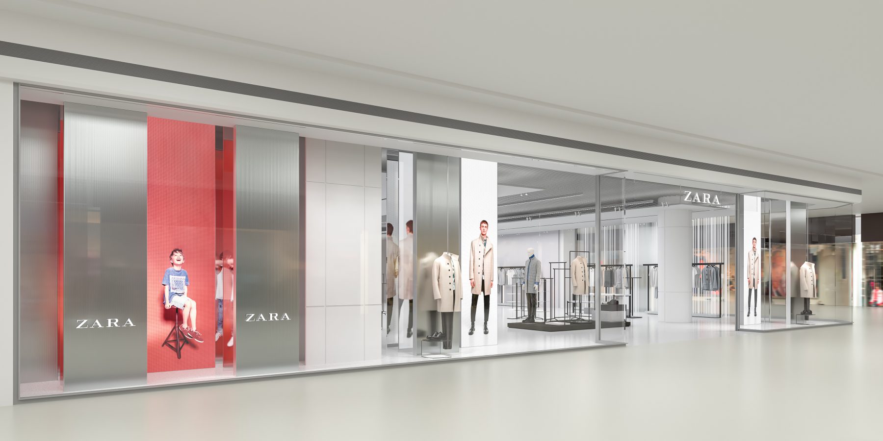 render 3D de tienda Zara en centro comercial