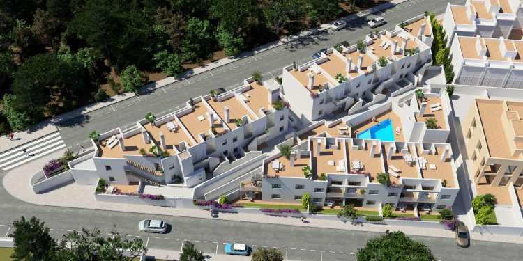 Render 3D de viviendas en Mallorca, vista aérea