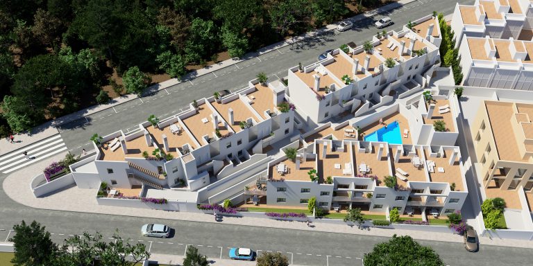 Render 3D de viviendas en Mallorca, vista aérea