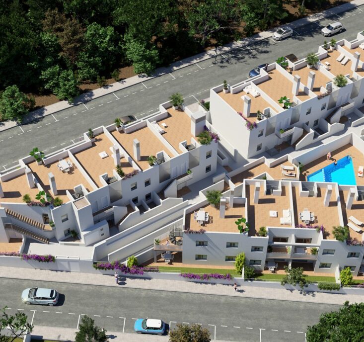 Render 3D de viviendas en Mallorca, vista aérea