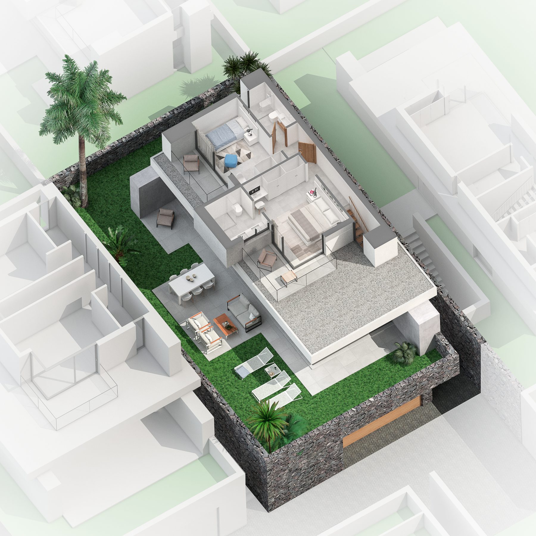Plantas 3D en perspectiva de vivienda unifamiliar