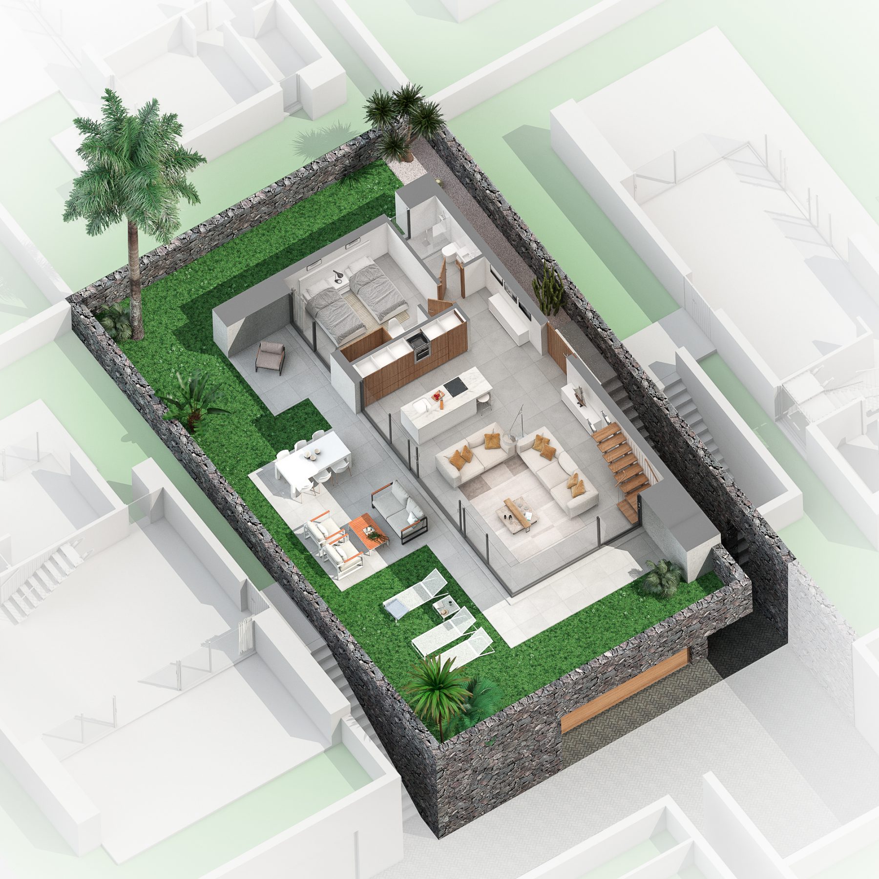 Plantas 3D en perspectiva de vivienda unifamiliar