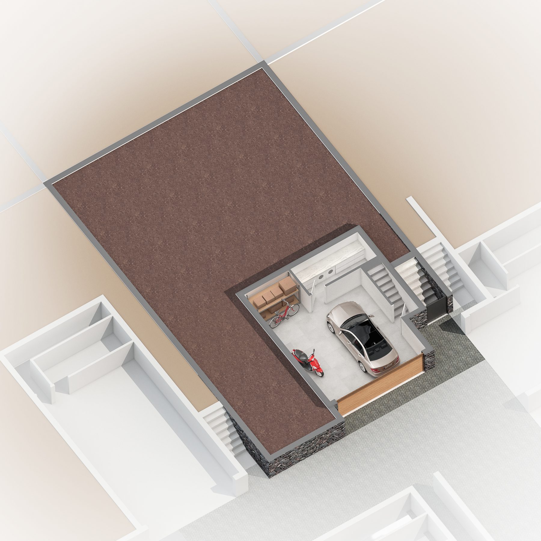Plantas 3D en perspectiva de vivienda unifamiliar