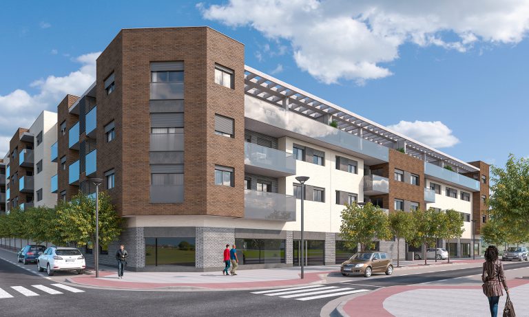 Render 3D de fachada de edificio escuelas en Zaragoza