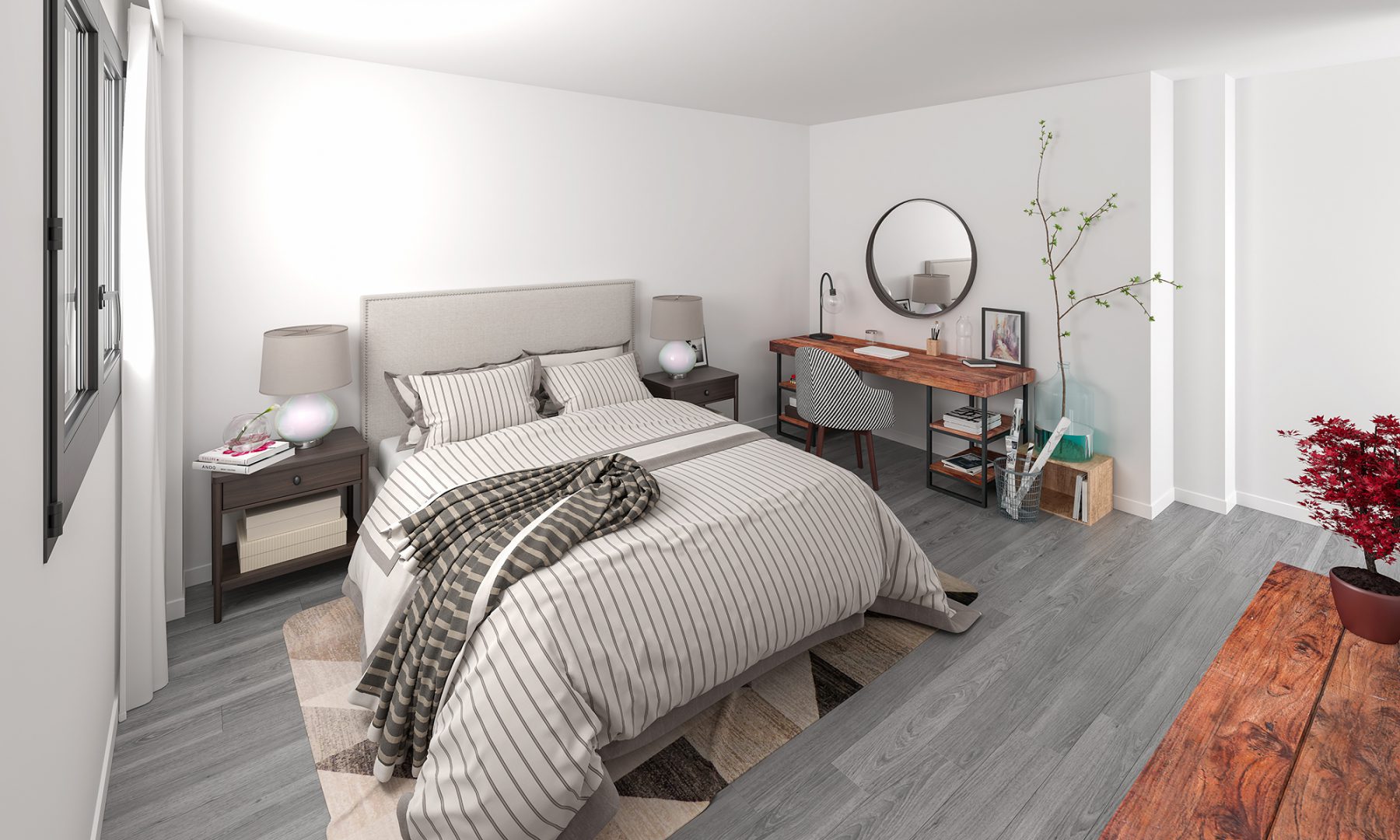 Render 3D de habitación principal, edificio escuelas en Zaragoza