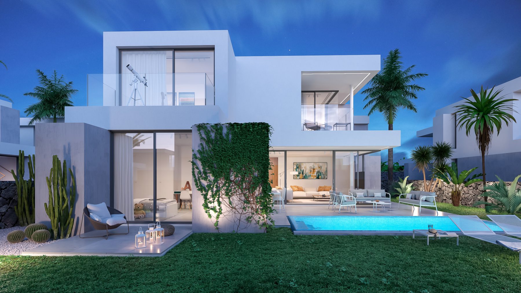 render 3D exterior de viviendas en Canarias
