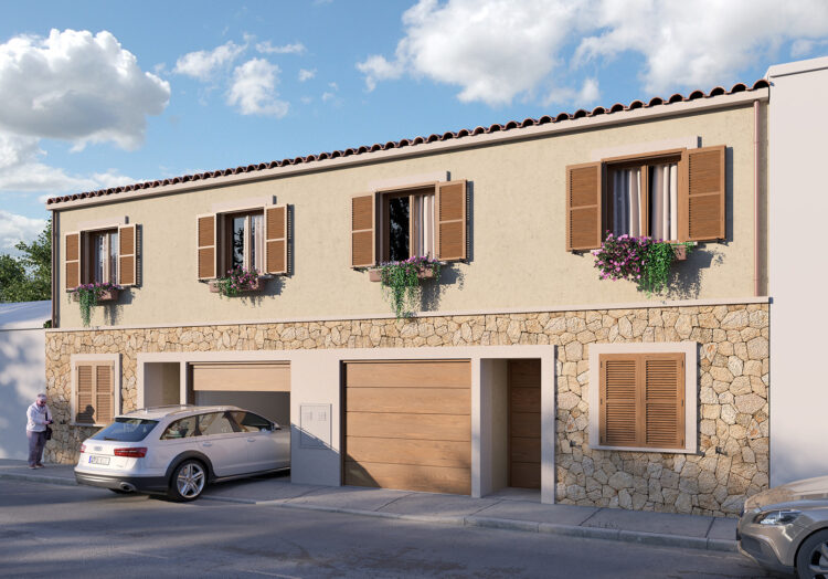 Render 3D de fachada de vivienda en pueblo de Mallorca