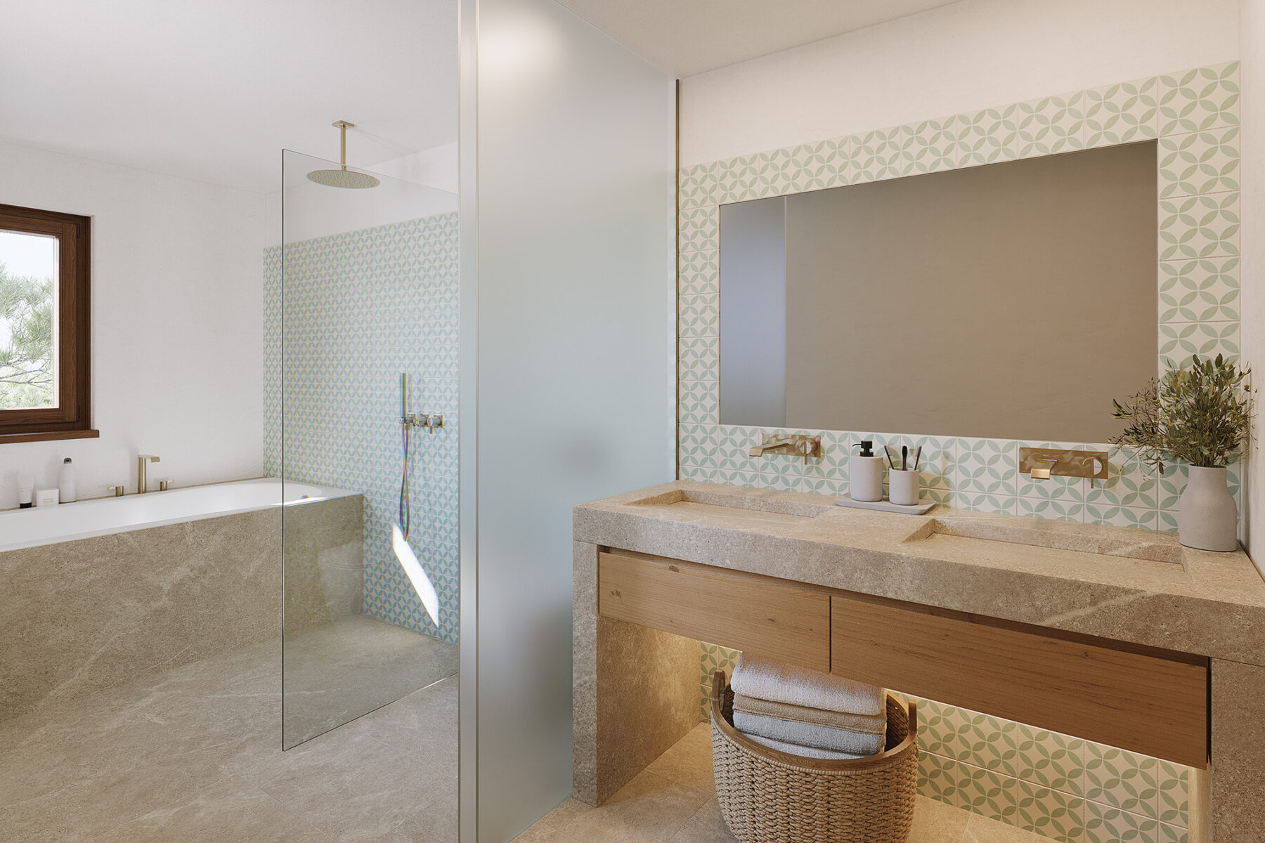 Render 3D de baño en estilo mediterráneo rústico con materiales locales como piedra binissalem.