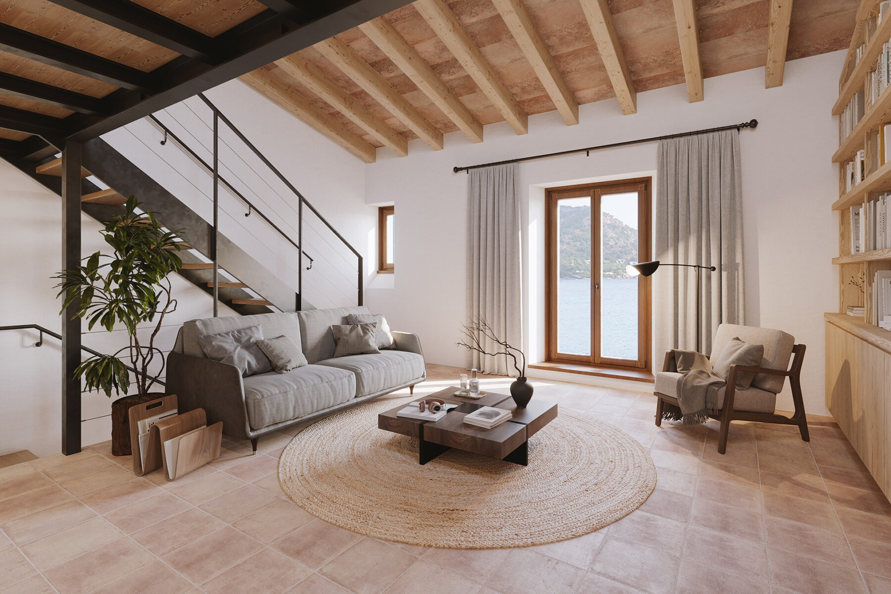 Render 3D de sala polivalente en estilo mediterráneo rústico con toques contemporáneos.