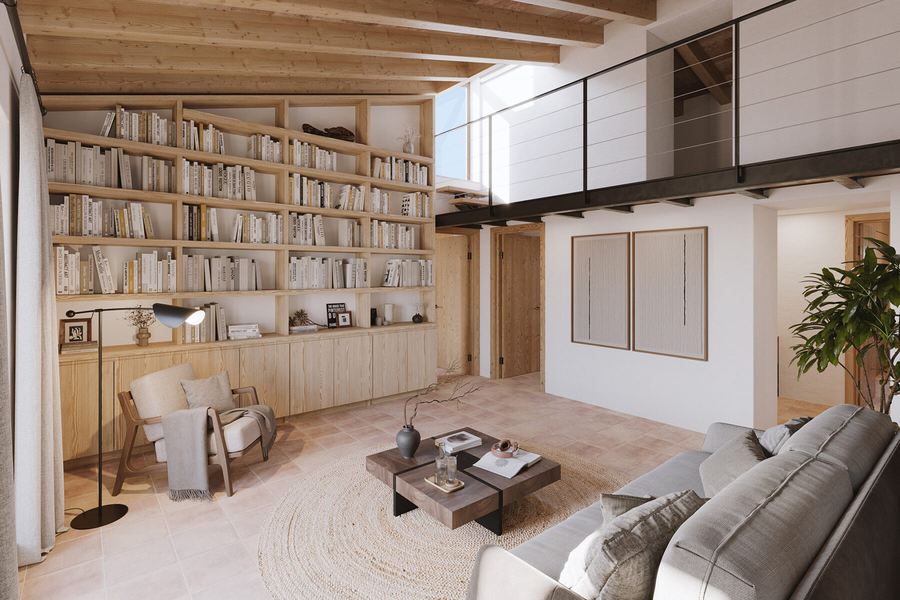 Render 3D de sala polivalente en estilo mediterráneo rústico con toques contemporáneos.