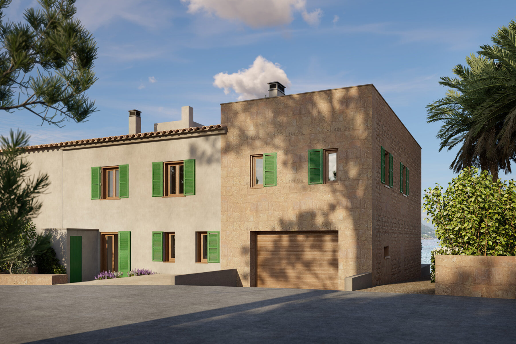 render 3D exterior de rehabilitación de vivienda rústica en Mallorca