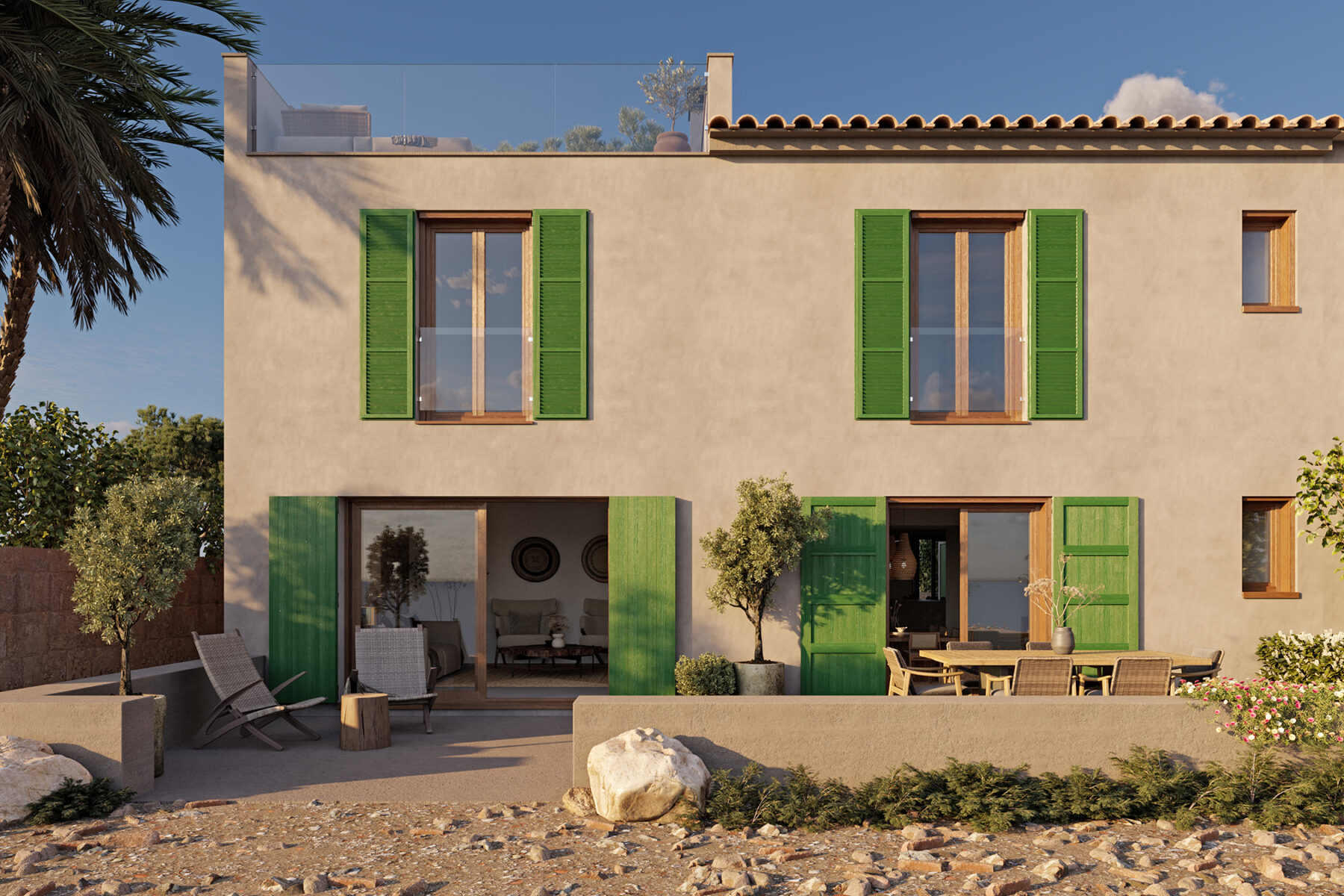 Render 3D Vista exterior con persianas mallorquinas en casa rehabilitada en Son Servera