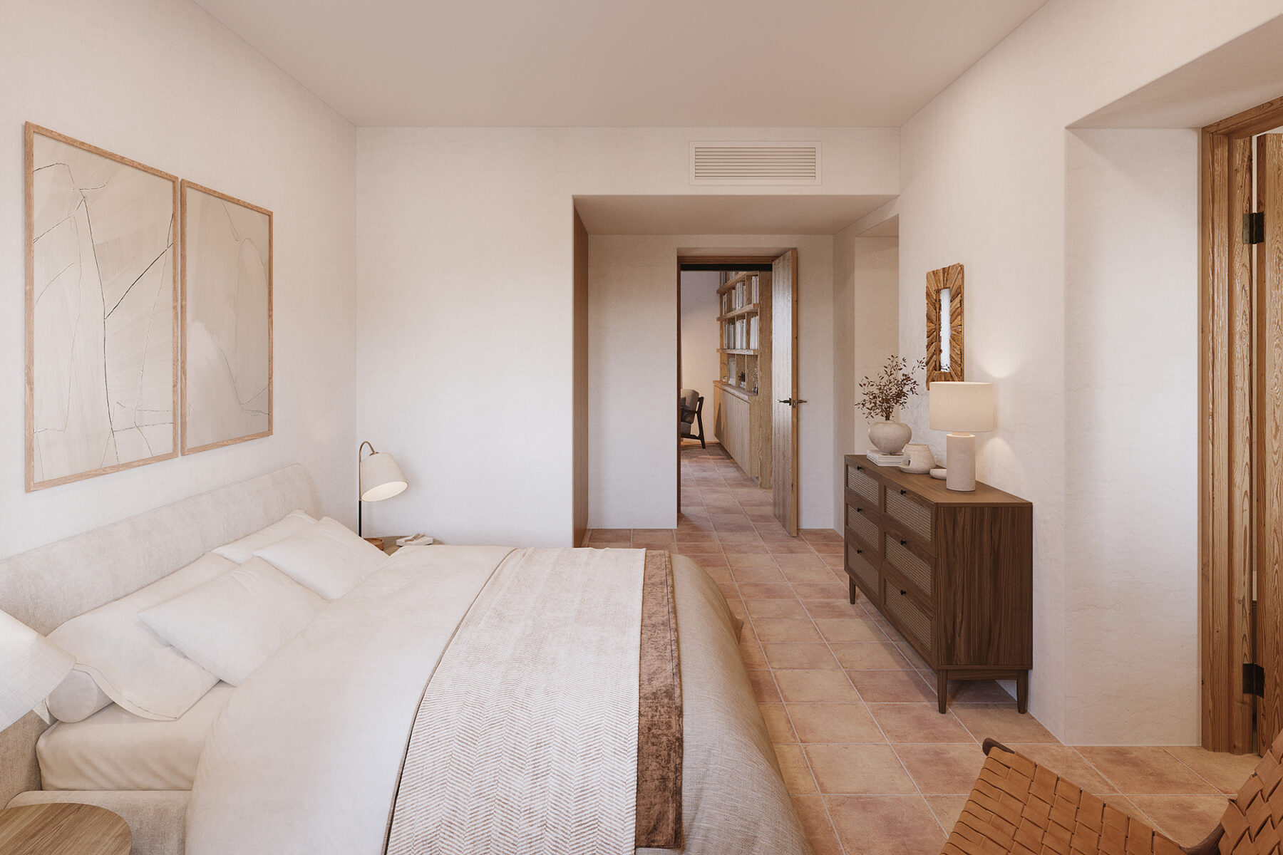 Render 3D de habitación en estilo mediterráneo rústico con toques contemporáneos.