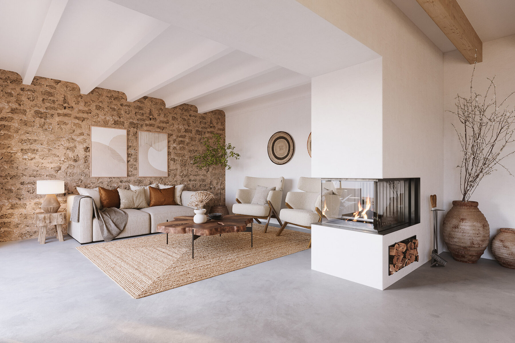 Render 3D interior de salón mediterráneo rústico con toques contemporáneos