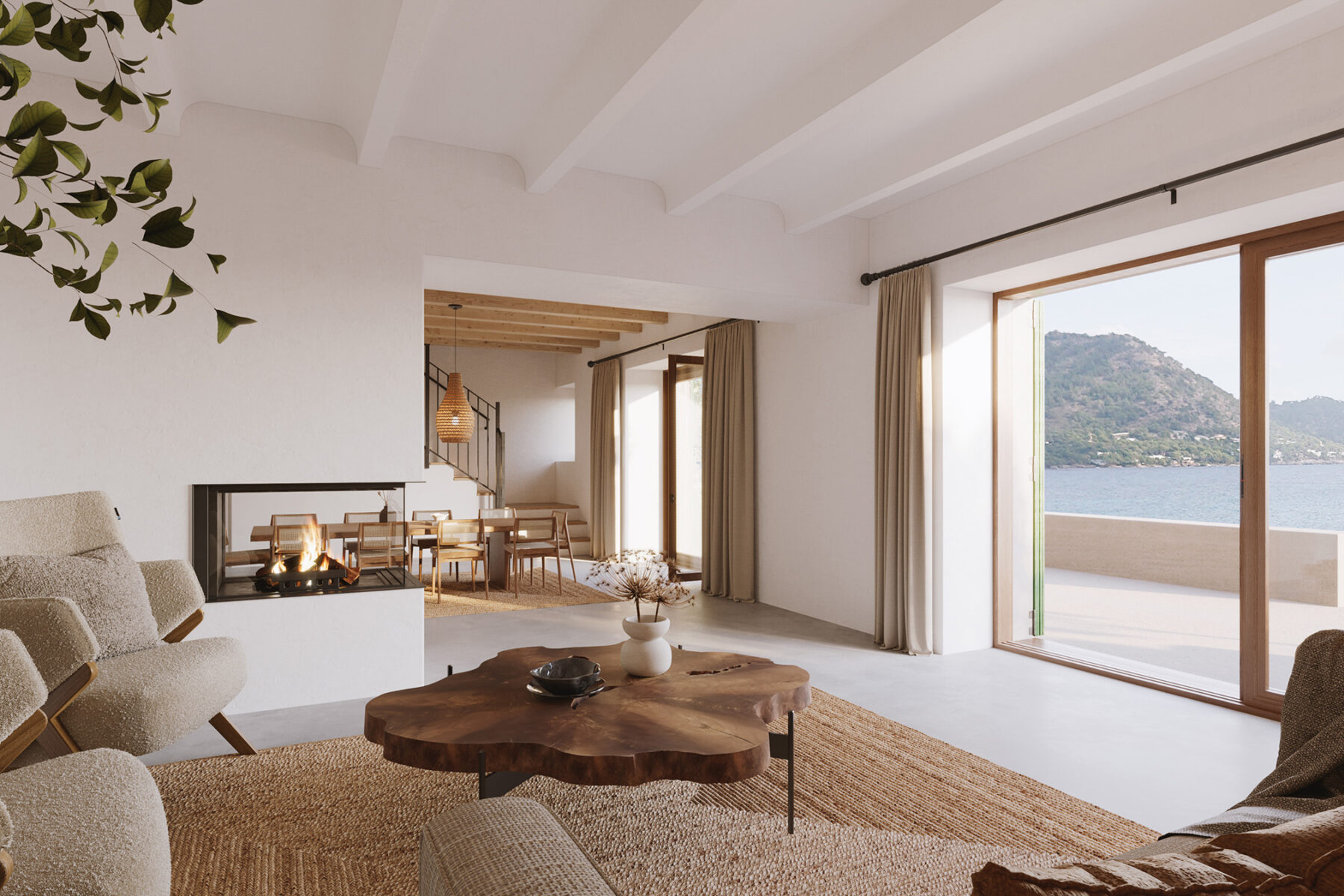 Render 3D de salon mediterráneo rústico con toques contemporáneos.