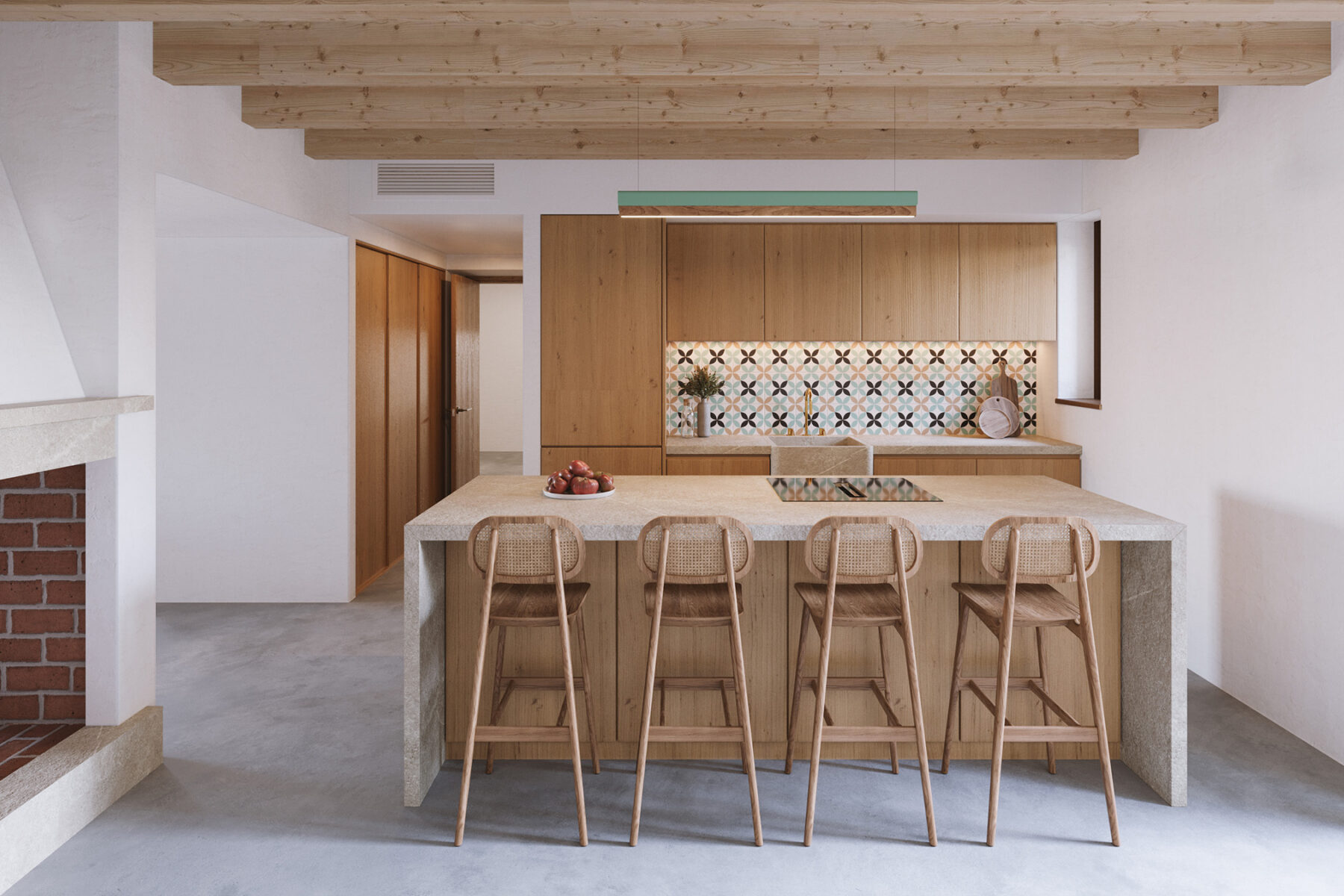 render 3d de cocina con diseño mediterráneo rústico y toques contemporáneos