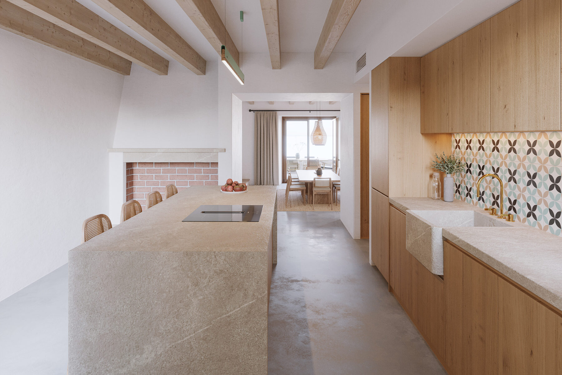 Infografía 3D de cocina con diseño mediterráneo rústico y toques contemporáneos