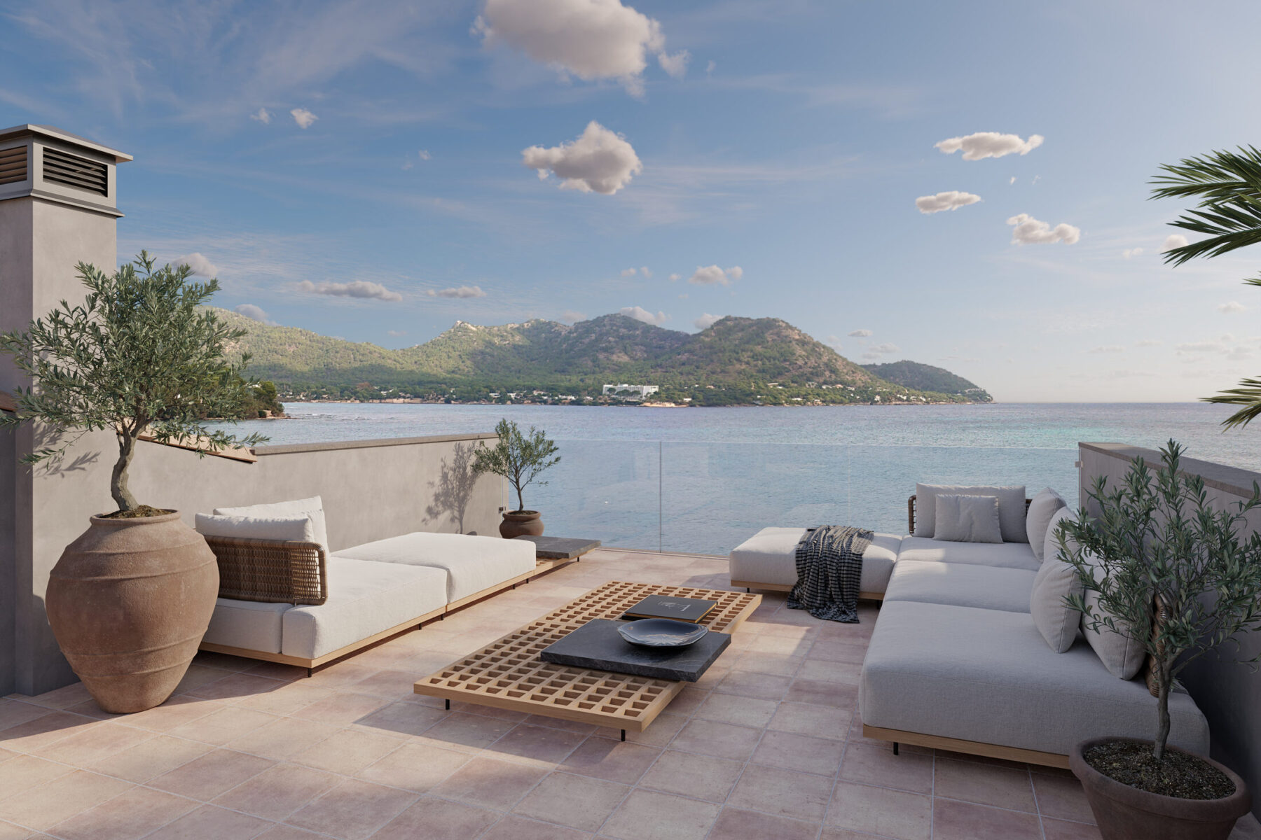 Render 3D de terraza con vistas en estilo mediterráneo rústico con toques contemporáneos.