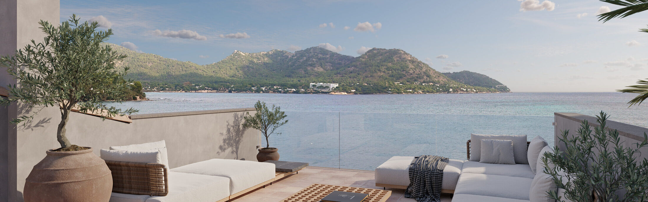 Render 3D de terraza con vistas en estilo mediterráneo rústico con toques contemporáneos.