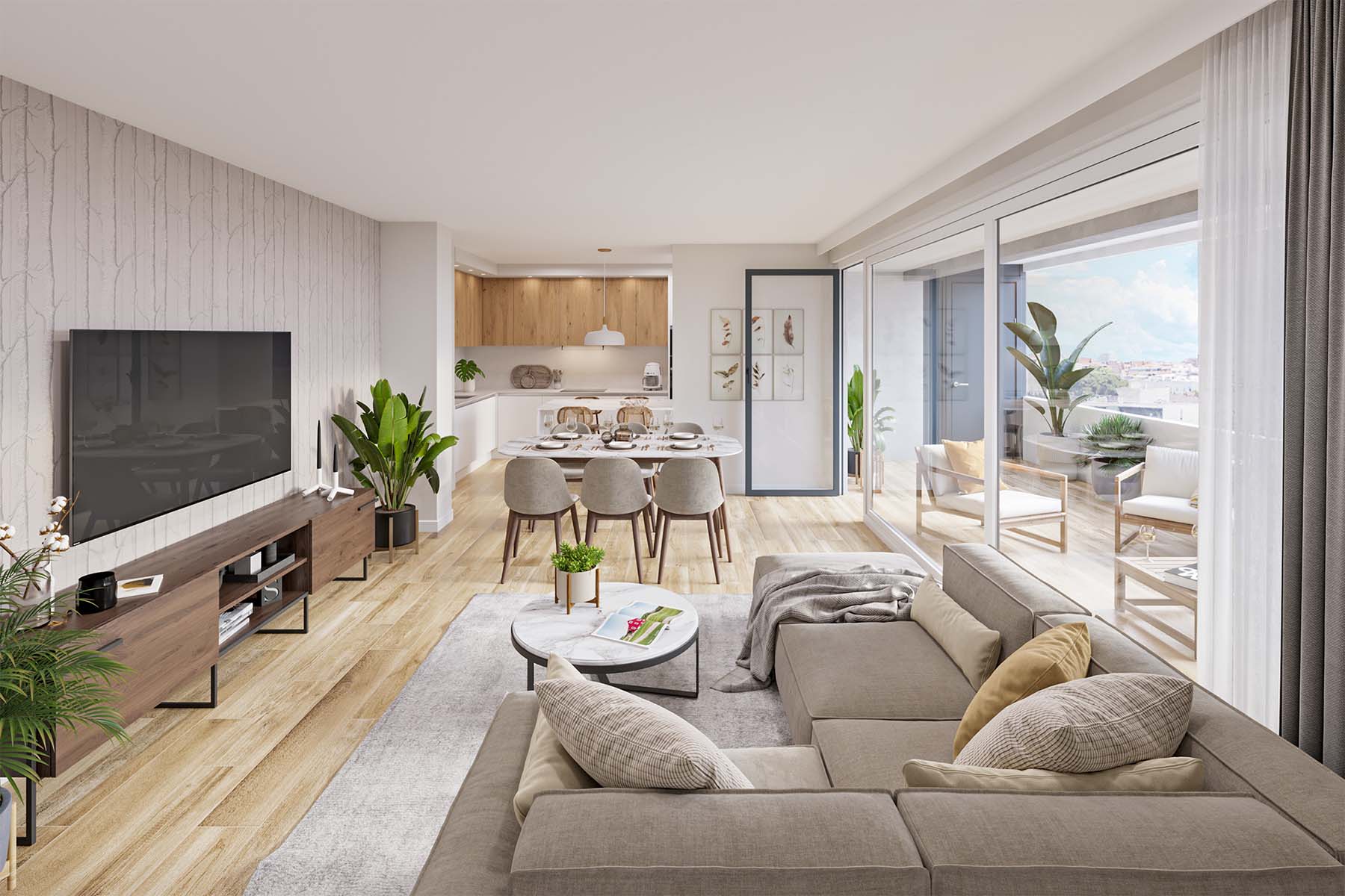 Renders-interiores-salon-Zaragoza render interior de salón con terraza y cocina - servicios de renders interiores ARQUIPLAY