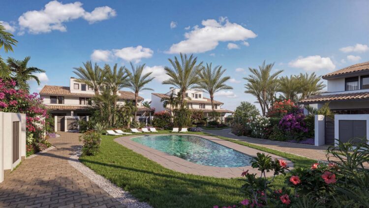 visualización de piscina en urbanización de chalets