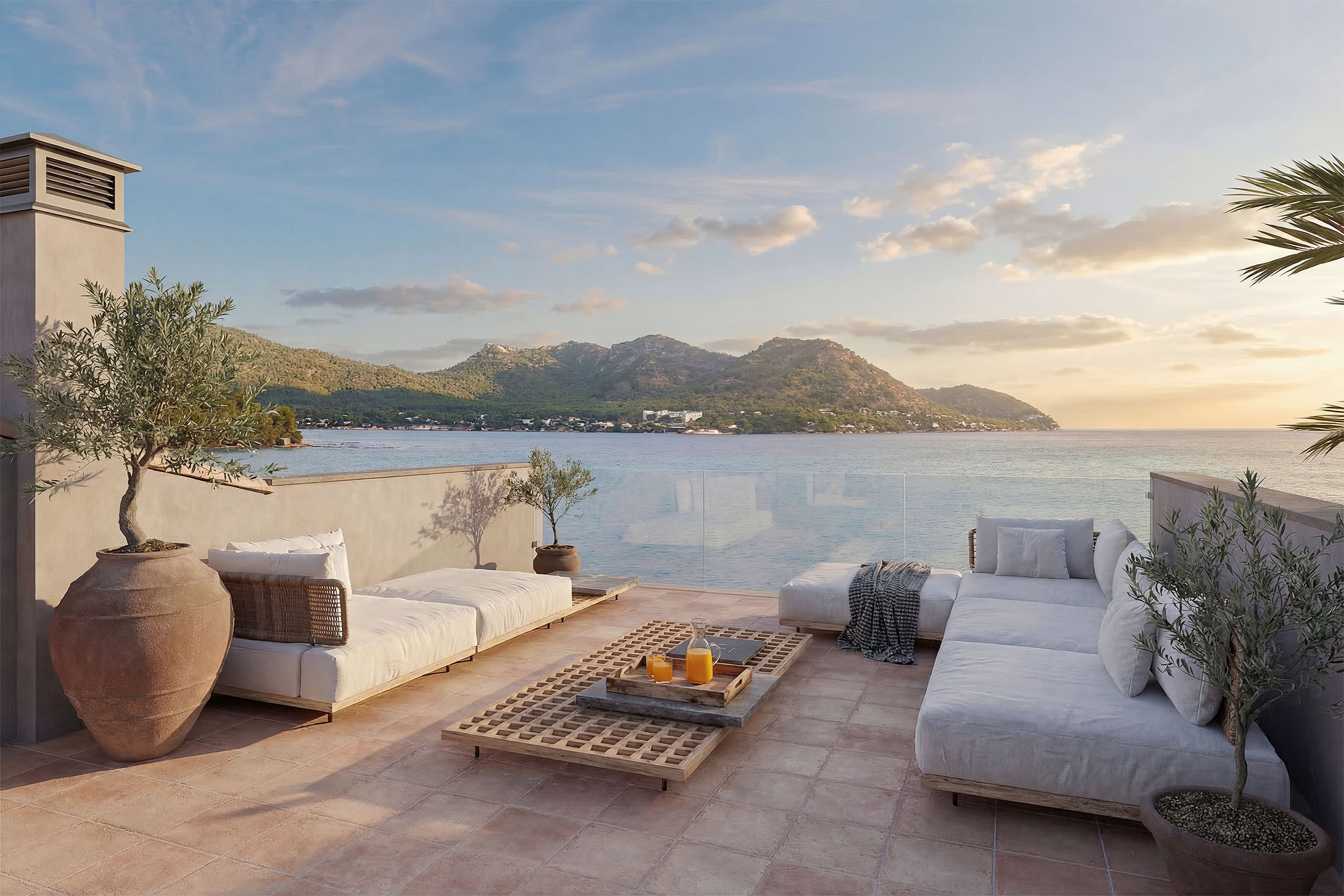 Render exterior de azotea al atardecer en Mallorca