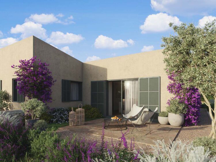 Vista 3D patio chalet rústico - renders exteriores ARQUIPLAY