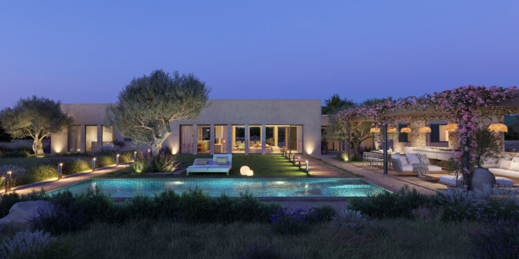 render exterior de piscina en villa de lujo por Arquiplay