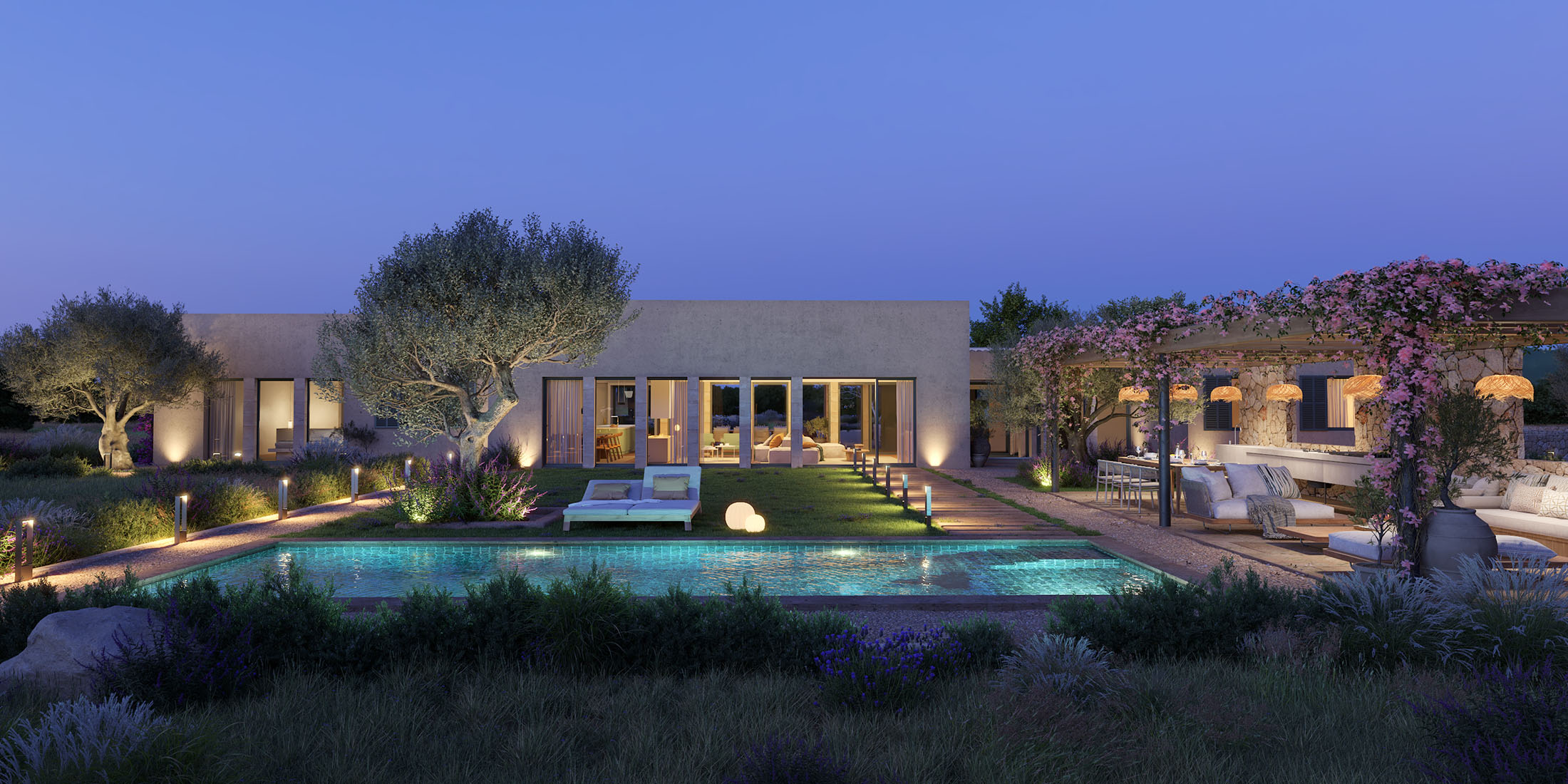 render exterior de piscina en villa de lujo por Arquiplay