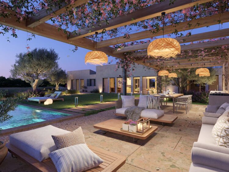 Render 3D terraza con piscina Mallorca - ARQUIPLAY