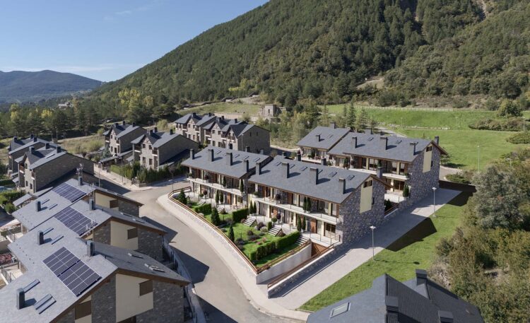 render 3D con fotomontaje de viviendas en vista dron