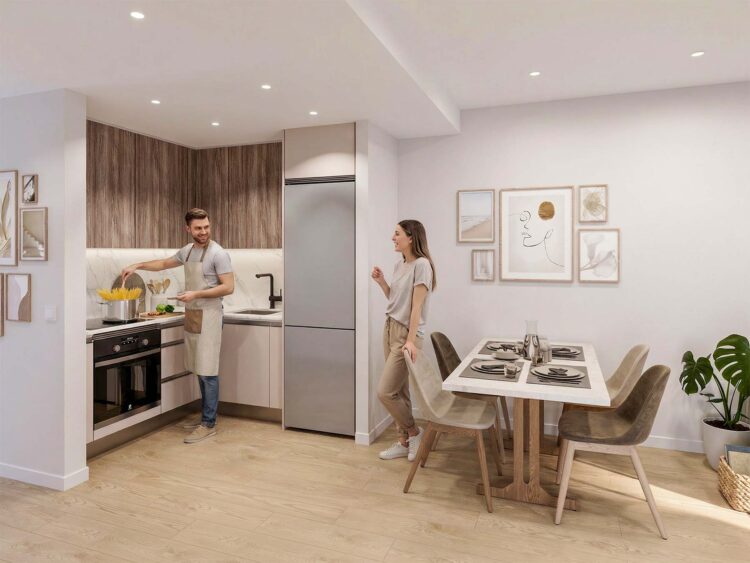 visualización inmobiliaria pareja joven cocinando en casa - ARQUIPLAY