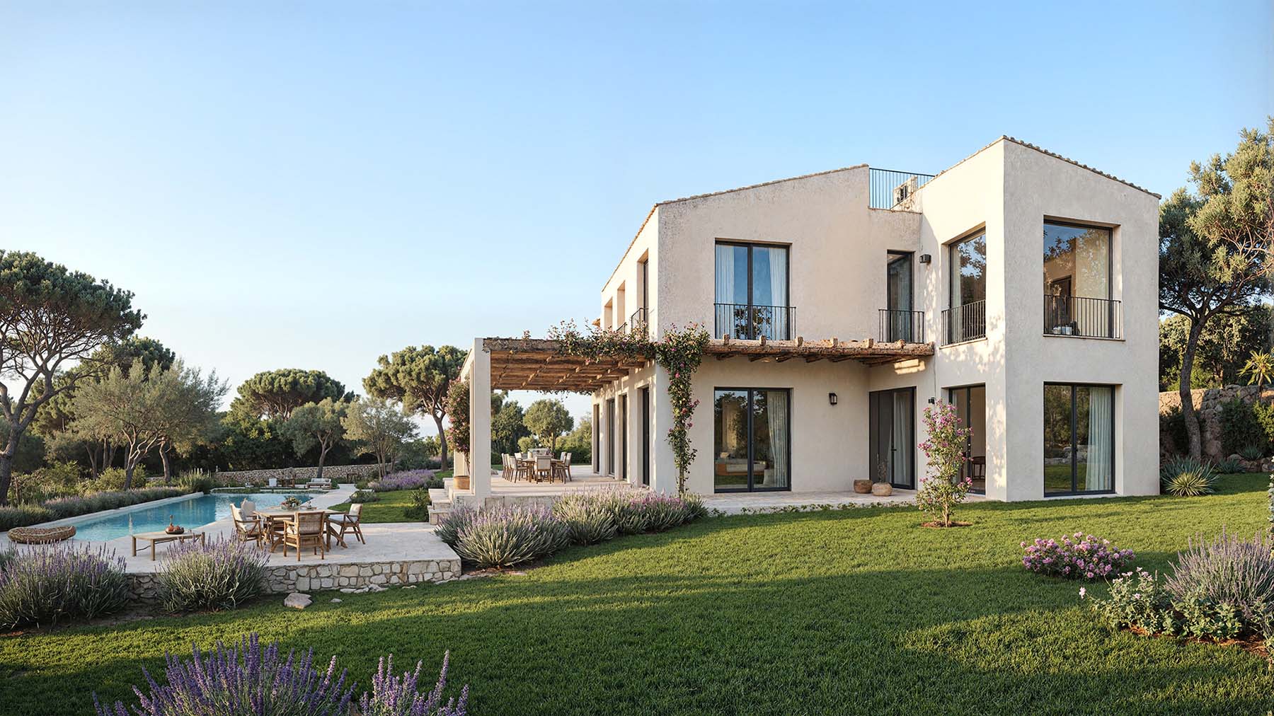 visualización 3D exterior de villa con jardín - ARQUIPLAY