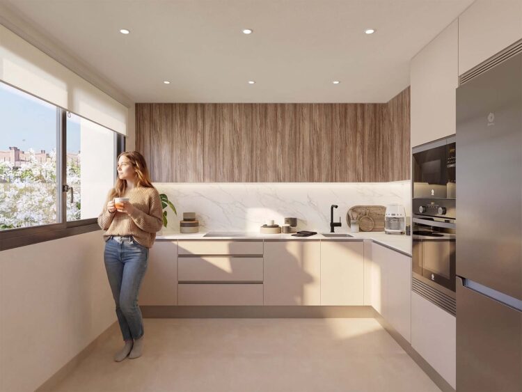 render 3D cocina moderna con luz de atardecer