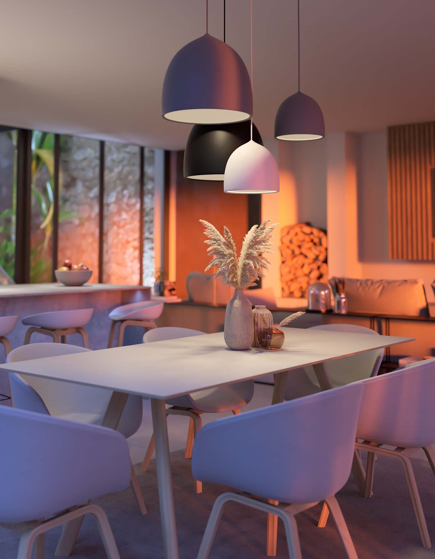 render detalle de lámparas sobre mesa de comedor