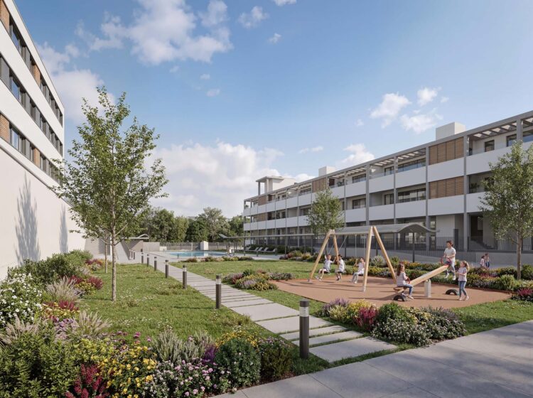 render 3D zonas comunes edificio residencial