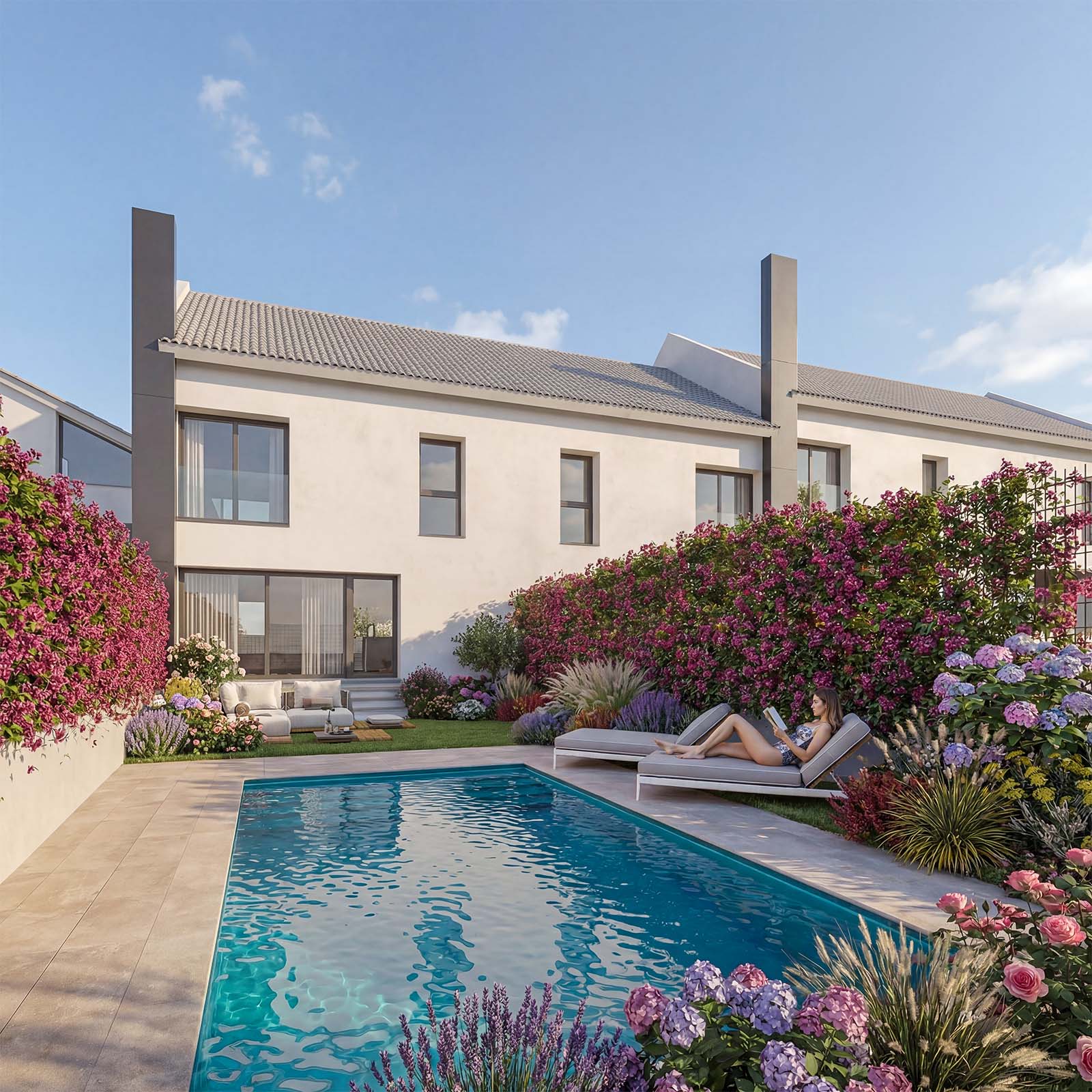 render 3D exterior de piscina privada - ARQUIPLAY