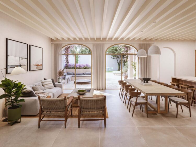 Render interior salón con patio mediterráneo - ARQUIPLAY