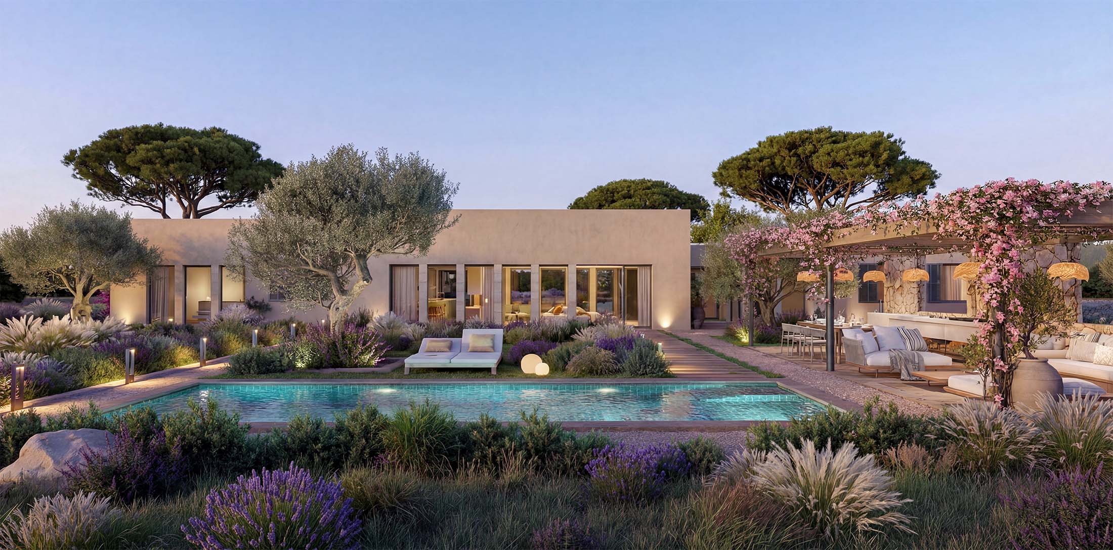 render exterior 3D de piscina en villa de lujo - Arquiplay