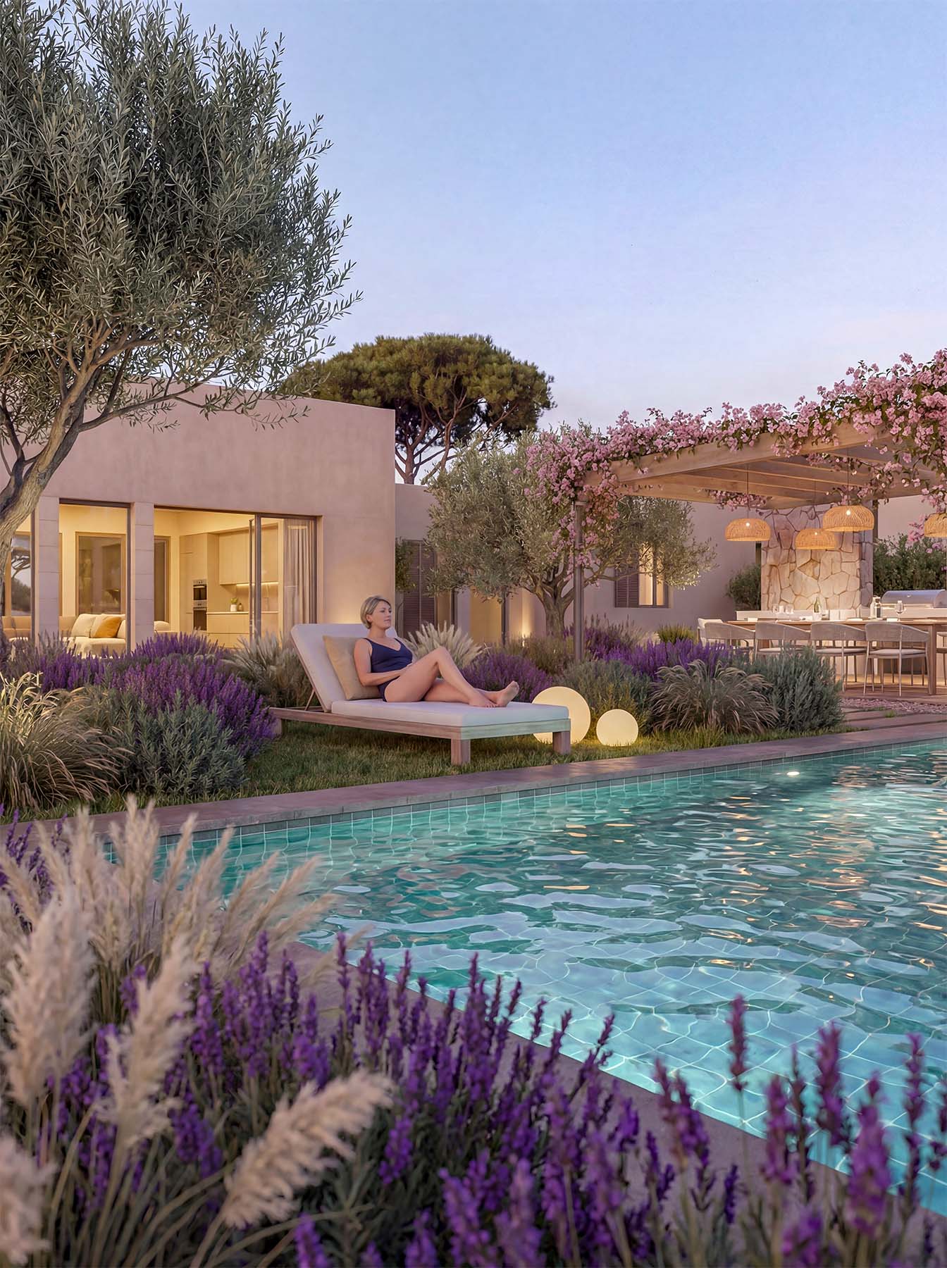 infografía 3D exterior detalle jardín villa en Mallorca