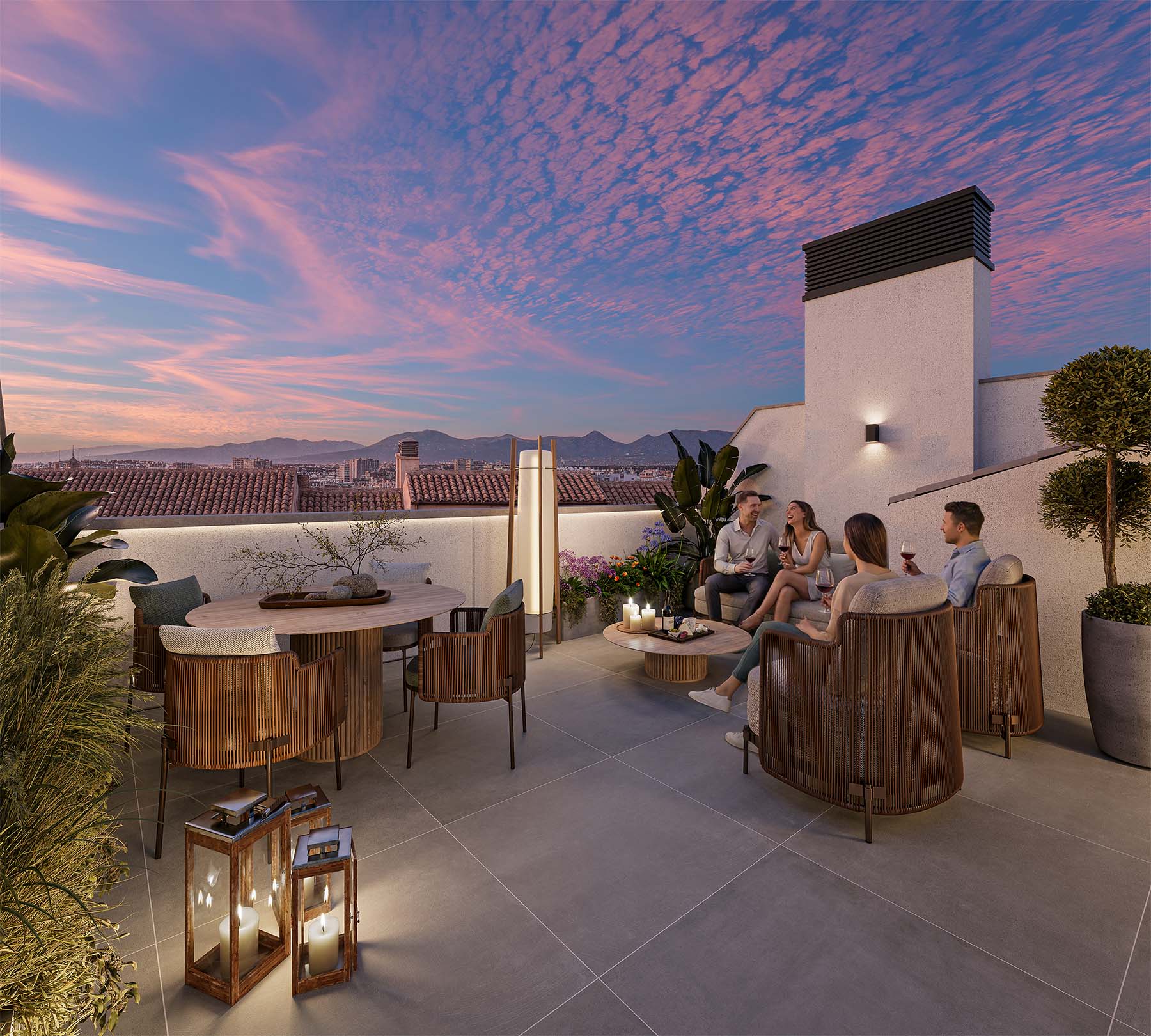 visualización 3D terraza de edificio anochecer - ARQUIPLAY