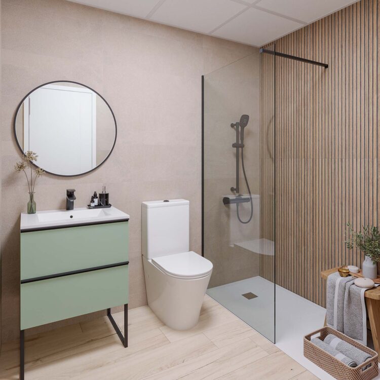 visualización 3D interior baño en promoción inmobiliaria