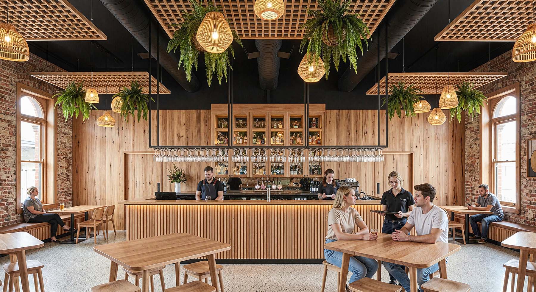 visualización 3D interior de una cafetería con maderas naturales - renders interiores ARQUIPLAY