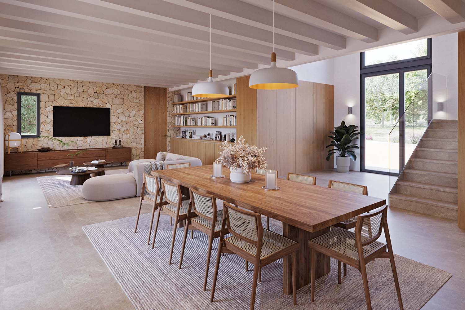 Render 3D interior de salón comedor en vila de lujo en Mallorca