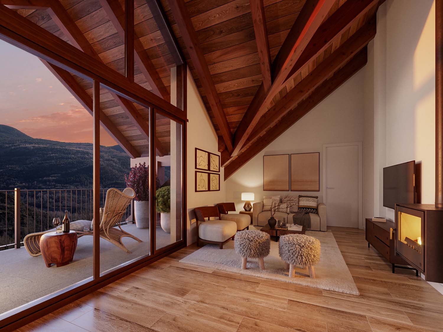 Rende 3D interior bajo cubierta con vistas a la montaña