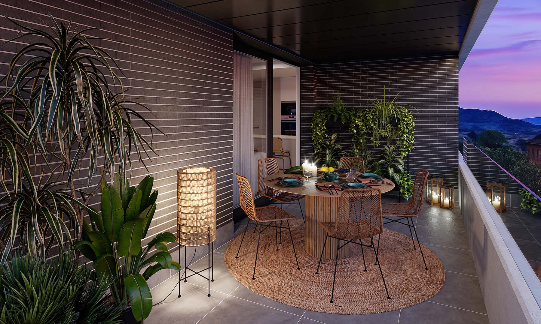 Visualización exterior terraza en promoción de viviendas