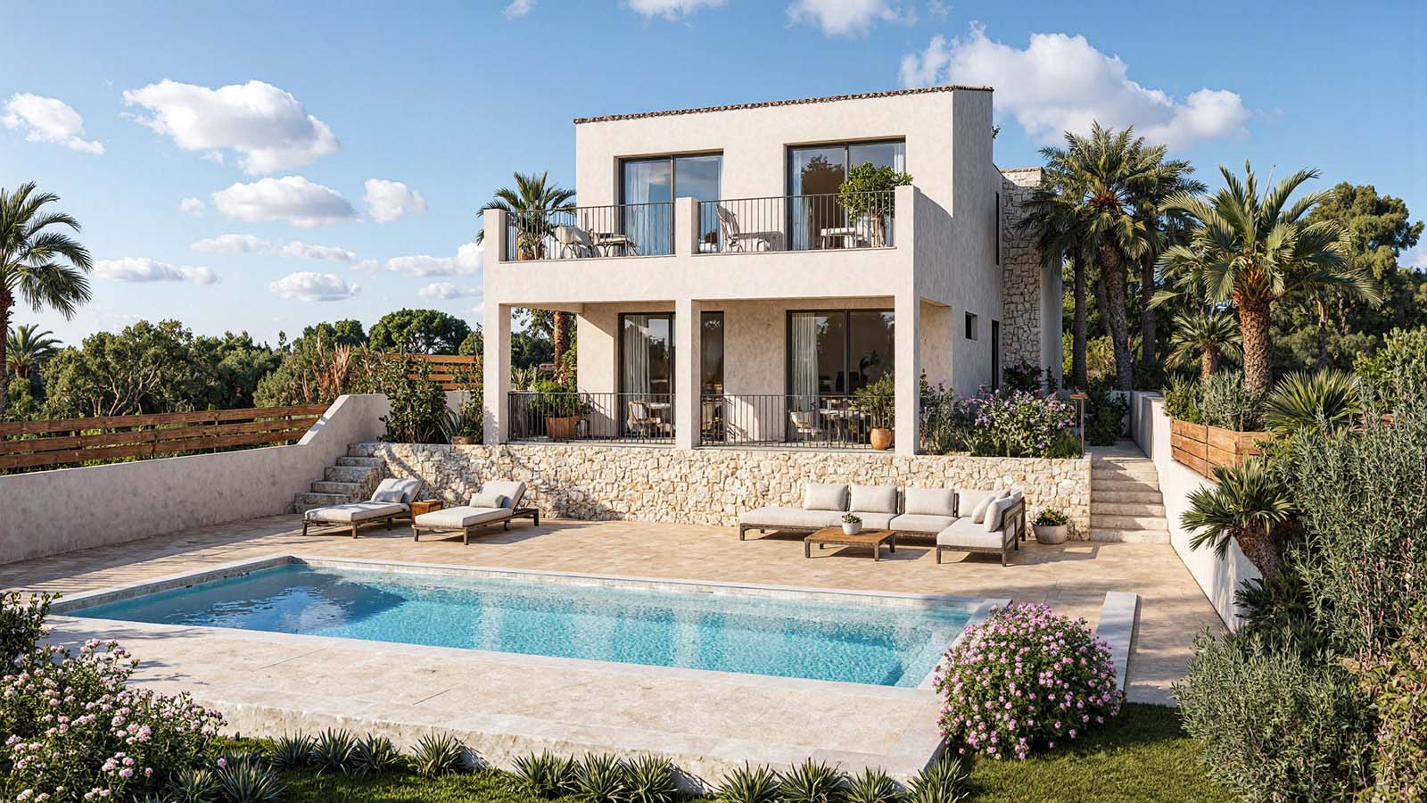 render exterior 3D de villa con piscina - ARQUIPLAY