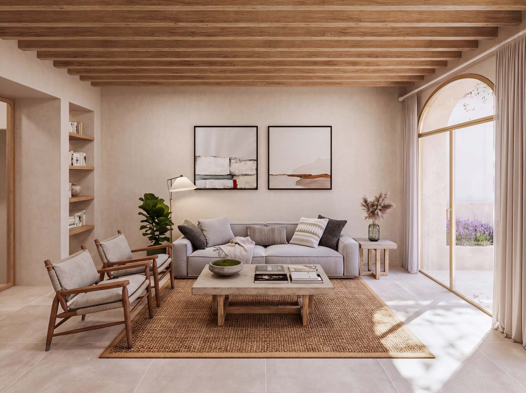 render interior salón en vivienda en Mallorca - ARQUIPLAY