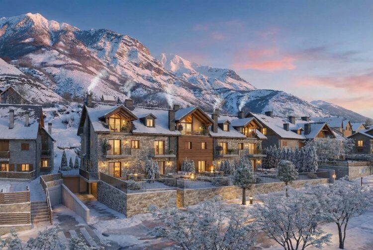 Visualización 3D de edifico de viviendas cubierto de nieve